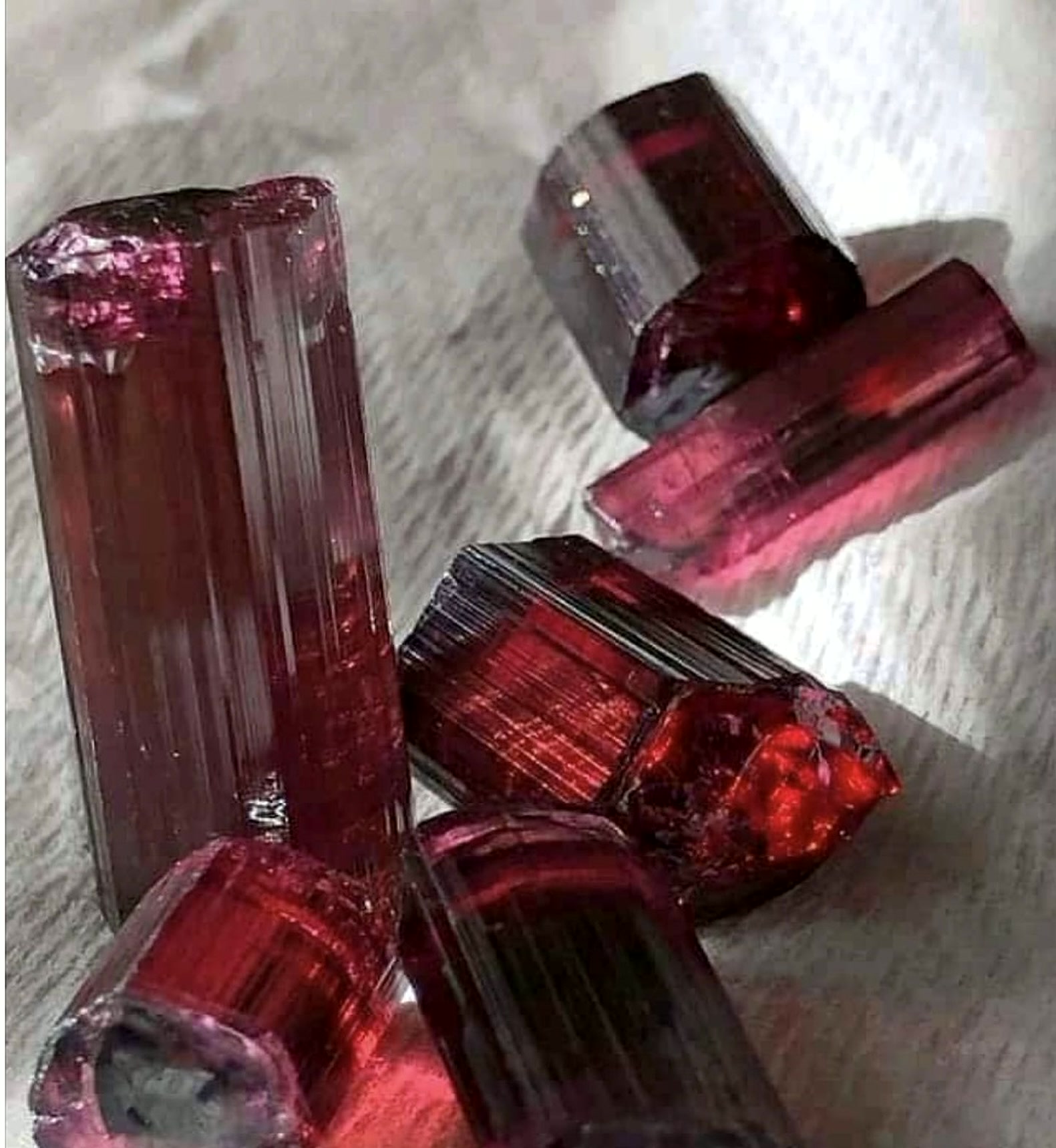 Rough rubellite prisms, from our stock